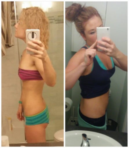 A progress pic of a 5'7" woman showing a weight cut from 170 pounds to 138 pounds. A total loss of 32 pounds.