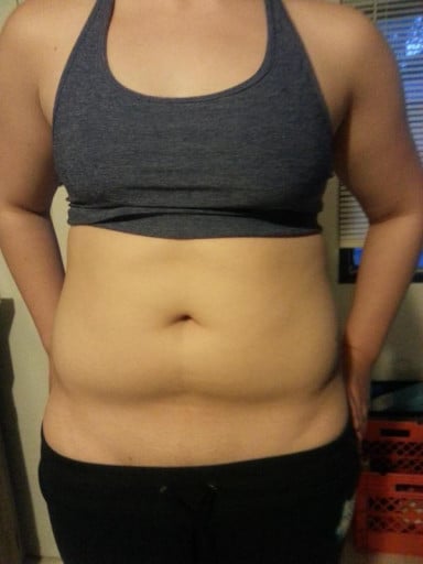 A before and after photo of a 5'5" female showing a fat loss from 188 pounds to 174 pounds. A net loss of 14 pounds.