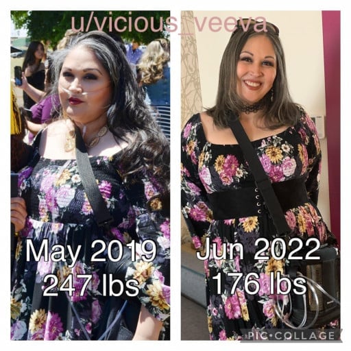 71 lbs Fat Loss Before and After 5 feet 4 Female 247 lbs to 176 lbs