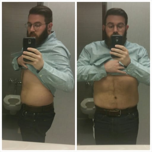 A photo of a 5'7" man showing a weight loss from 235 pounds to 185 pounds. A respectable loss of 50 pounds.