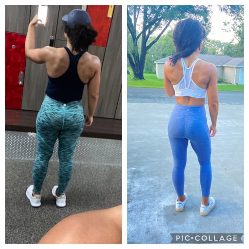 A before and after photo of a 5'7" female showing a weight reduction from 157 pounds to 138 pounds. A total loss of 19 pounds.