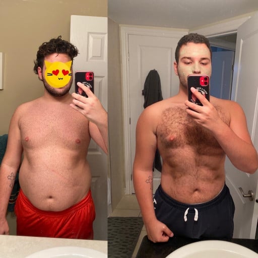 A before and after photo of a 5'11" male showing a weight reduction from 255 pounds to 210 pounds. A respectable loss of 45 pounds.