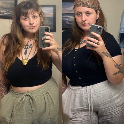 A progress pic of a 5'9" woman showing a fat loss from 310 pounds to 218 pounds. A respectable loss of 92 pounds.