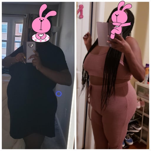A progress pic of a 5'8" woman showing a fat loss from 285 pounds to 237 pounds. A total loss of 48 pounds.