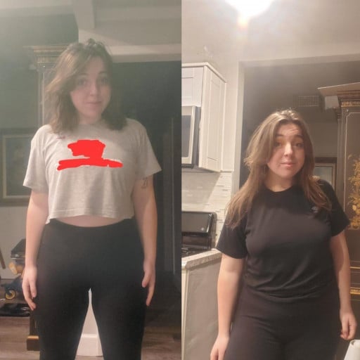A before and after photo of a 5'3" female showing a weight reduction from 187 pounds to 160 pounds. A net loss of 27 pounds.