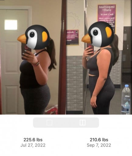 A photo of a 5'5" woman showing a weight cut from 225 pounds to 220 pounds. A net loss of 5 pounds.