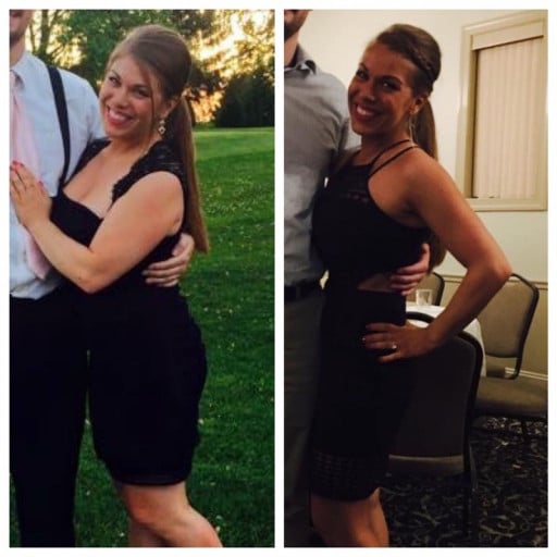 A progress pic of a 5'1" woman showing a fat loss from 140 pounds to 115 pounds. A total loss of 25 pounds.