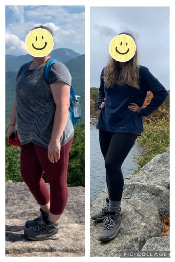A progress pic of a 5'5" woman showing a fat loss from 225 pounds to 157 pounds. A total loss of 68 pounds.