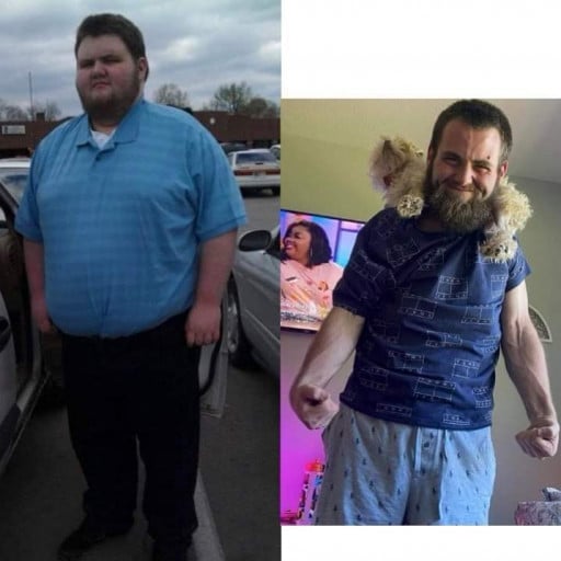 A progress pic of a 6'2" man showing a fat loss from 400 pounds to 225 pounds. A net loss of 175 pounds.