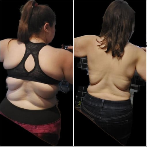 A progress pic of a 5'3" woman showing a fat loss from 257 pounds to 167 pounds. A total loss of 90 pounds.