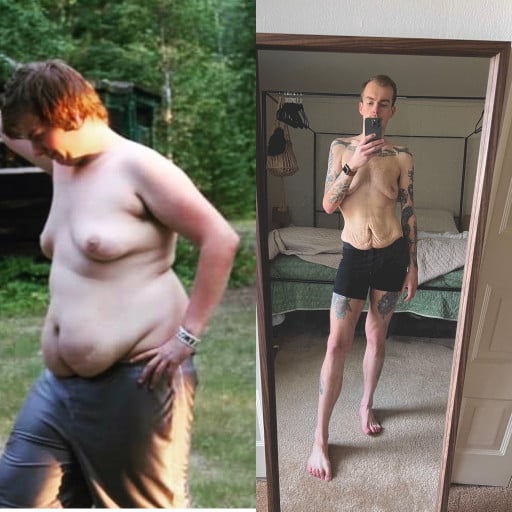 A photo of a 6'0" man showing a weight cut from 253 pounds to 145 pounds. A net loss of 108 pounds.