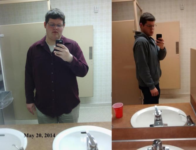 A before and after photo of a 6'0" male showing a weight reduction from 295 pounds to 199 pounds. A respectable loss of 96 pounds.