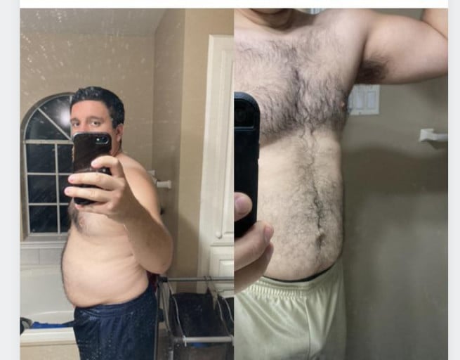 A before and after photo of a 5'11" male showing a weight reduction from 240 pounds to 208 pounds. A total loss of 32 pounds.