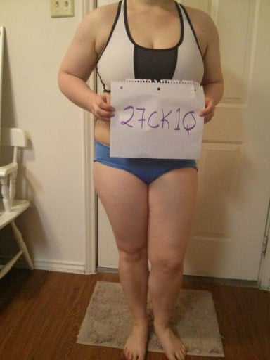 A before and after photo of a 5'2" female showing a snapshot of 174 pounds at a height of 5'2