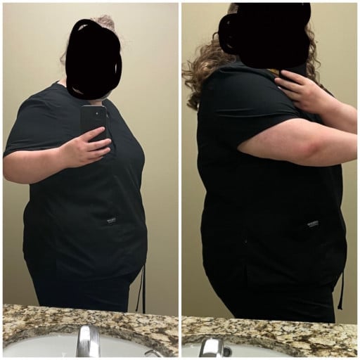 A picture of a 5'8" female showing a weight loss from 352 pounds to 339 pounds. A net loss of 13 pounds.