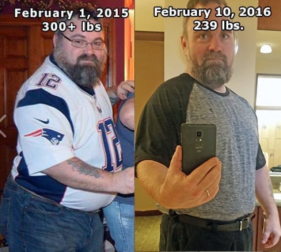 A before and after photo of a 5'8" male showing a weight reduction from 300 pounds to 239 pounds. A net loss of 61 pounds.