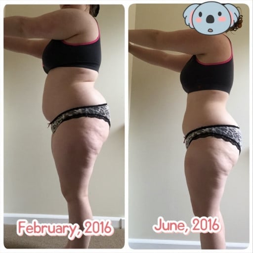 A before and after photo of a 4'11" female showing a weight loss from 178 pounds to 148 pounds. A respectable loss of 30 pounds.