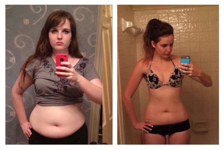 A before and after photo of a 5'8" female showing a weight reduction from 208 pounds to 152 pounds. A net loss of 56 pounds.