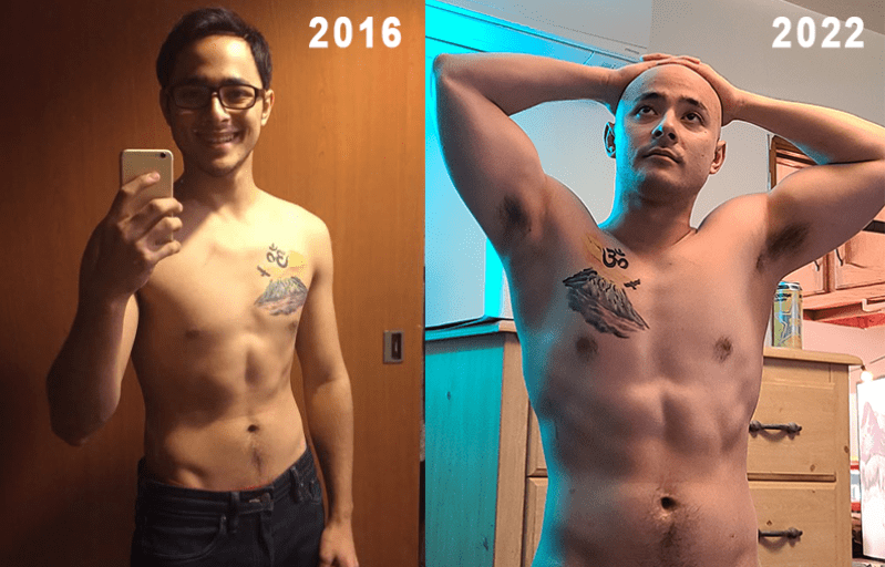 A progress pic of a 5'7" man showing a muscle gain from 141 pounds to 170 pounds. A net gain of 29 pounds.