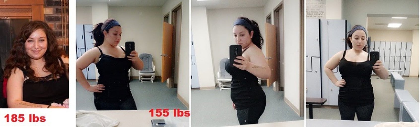 A before and after photo of a 4'10" female showing a weight cut from 187 pounds to 155 pounds. A respectable loss of 32 pounds.