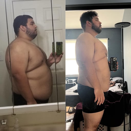 A picture of a 5'10" male showing a weight loss from 356 pounds to 310 pounds. A net loss of 46 pounds.