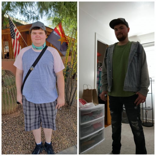 A progress pic of a 5'11" man showing a fat loss from 255 pounds to 180 pounds. A respectable loss of 75 pounds.