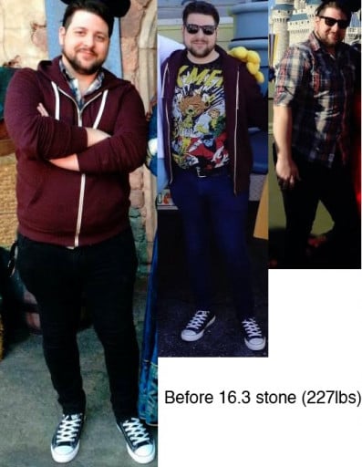 A picture of a 5'10" male showing a fat loss from 227 pounds to 168 pounds. A net loss of 59 pounds.