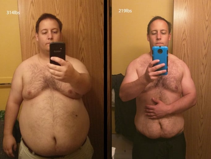 95 lbs Weight Loss Before and After 5 feet 9 Male 314 lbs to 219 lbs