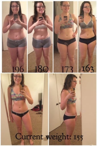 A photo of a 5'8" woman showing a weight cut from 196 pounds to 155 pounds. A total loss of 41 pounds.