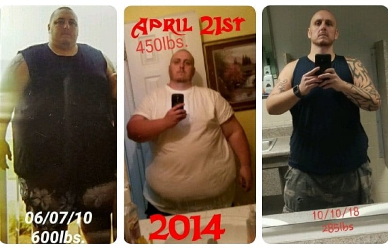 A photo of a 5'11" man showing a weight cut from 600 pounds to 285 pounds. A net loss of 315 pounds.