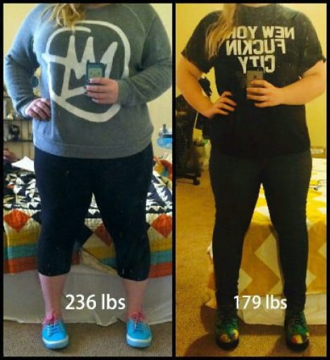 A picture of a 5'4" female showing a weight reduction from 236 pounds to 179 pounds. A respectable loss of 57 pounds.