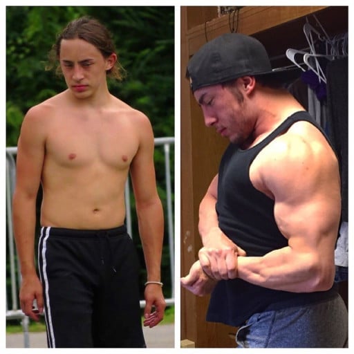 A progress pic of a 5'7" man showing a weight gain from 135 pounds to 170 pounds. A net gain of 35 pounds.