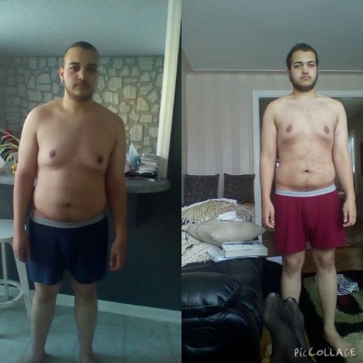 A progress pic of a 5'11" man showing a fat loss from 210 pounds to 199 pounds. A respectable loss of 11 pounds.