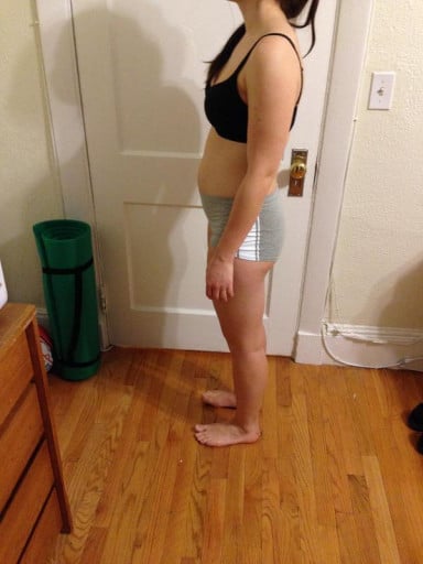 A before and after photo of a 5'2" female showing a snapshot of 125 pounds at a height of 5'2