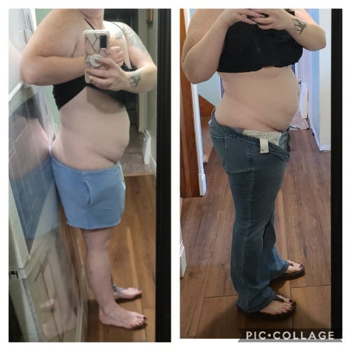A progress pic of a 5'7" woman showing a fat loss from 223 pounds to 200 pounds. A total loss of 23 pounds.