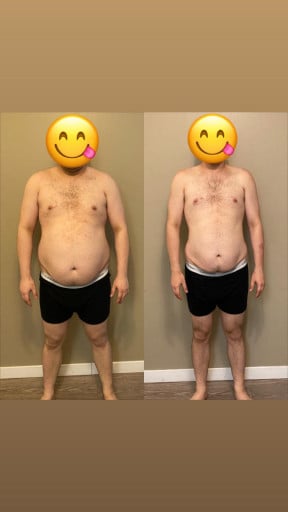 A picture of a 5'10" male showing a weight loss from 262 pounds to 212 pounds. A respectable loss of 50 pounds.
