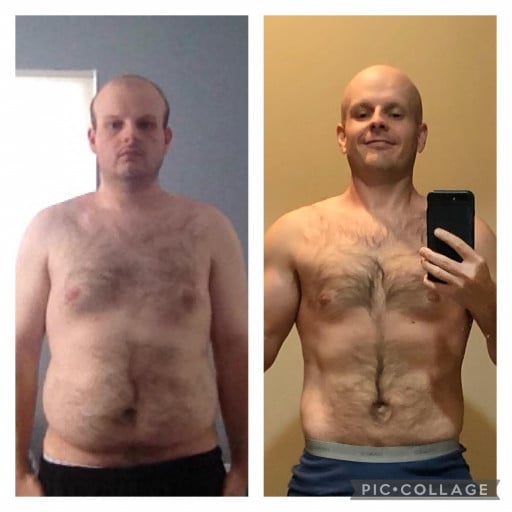 A progress pic of a 5'5" man showing a fat loss from 176 pounds to 145 pounds. A respectable loss of 31 pounds.