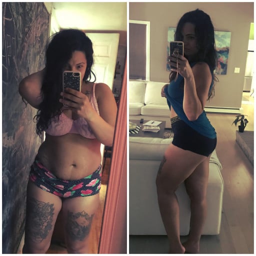 A before and after photo of a 5'5" female showing a weight reduction from 200 pounds to 150 pounds. A net loss of 50 pounds.