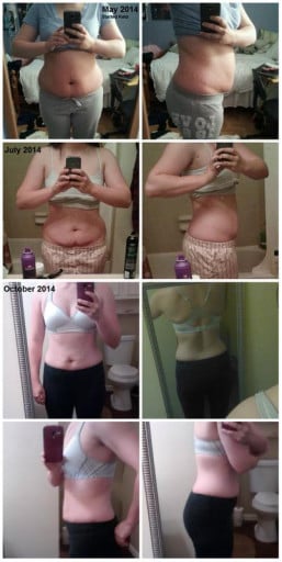 A progress pic of a 5'4" woman showing a fat loss from 170 pounds to 150 pounds. A net loss of 20 pounds.