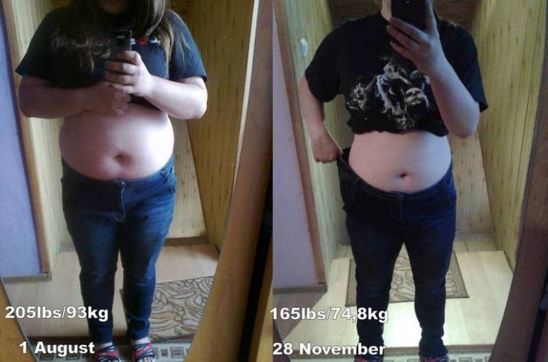 A progress pic of a 5'5" woman showing a fat loss from 205 pounds to 165 pounds. A respectable loss of 40 pounds.