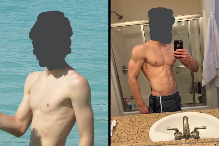 A progress pic of a 5'10" man showing a weight gain from 135 pounds to 160 pounds. A net gain of 25 pounds.