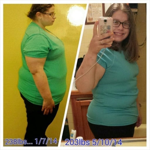 A before and after photo of a 5'2" female showing a weight reduction from 238 pounds to 203 pounds. A total loss of 35 pounds.
