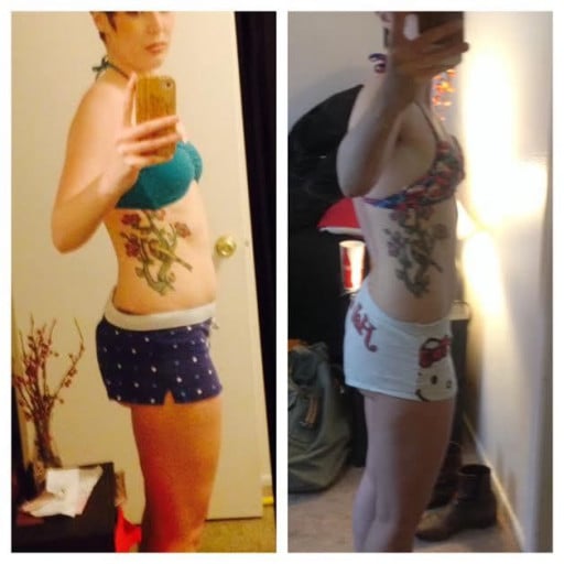 A before and after photo of a 5'6" female showing a weight loss from 148 pounds to 129 pounds. A net loss of 19 pounds.