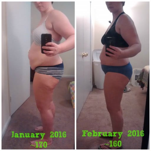 A picture of a 5'3" female showing a fat loss from 170 pounds to 160 pounds. A total loss of 10 pounds.