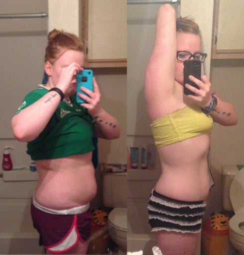 A progress pic of a 5'6" woman showing a weight reduction from 186 pounds to 151 pounds. A net loss of 35 pounds.