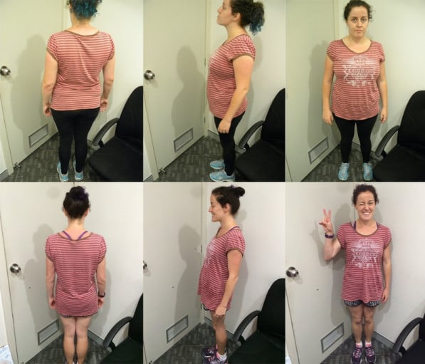 A progress pic of a 5'4" woman showing a fat loss from 165 pounds to 127 pounds. A total loss of 38 pounds.