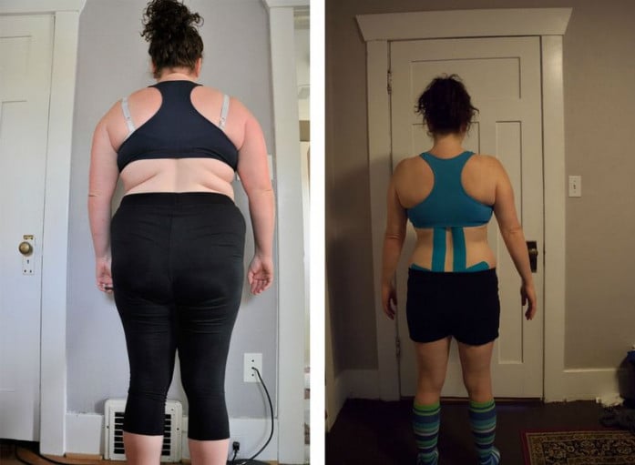 A before and after photo of a 5'5" female showing a weight loss from 239 pounds to 164 pounds. A total loss of 75 pounds.