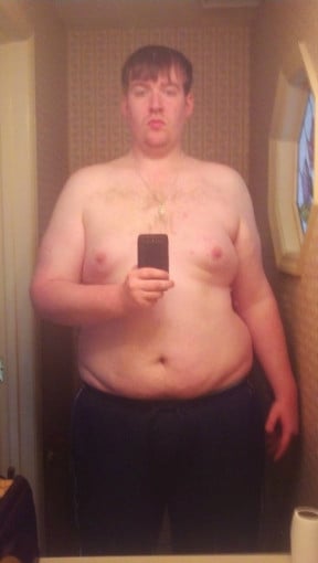 A before and after photo of a 6'4" male showing a weight reduction from 340 pounds to 234 pounds. A respectable loss of 106 pounds.