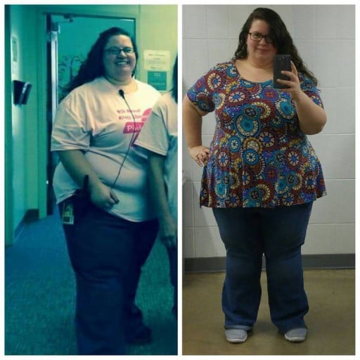 A before and after photo of a 5'4" female showing a weight reduction from 378 pounds to 342 pounds. A net loss of 36 pounds.