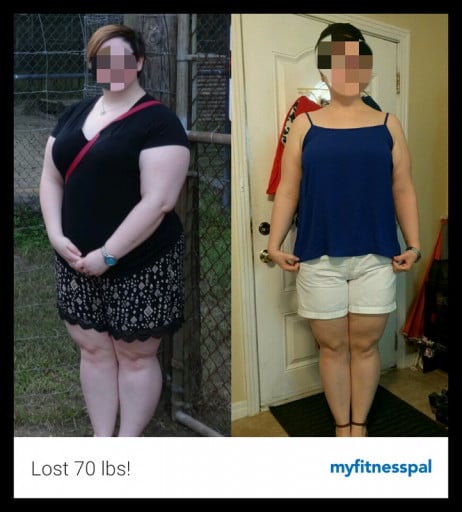 A progress pic of a 5'5" woman showing a fat loss from 260 pounds to 190 pounds. A total loss of 70 pounds.